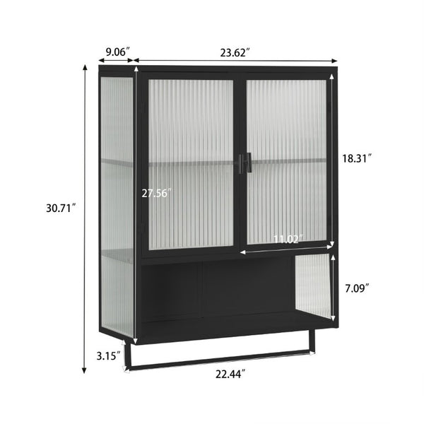 English Elm 23.62Glass Door Wall Cabinet Fluted Tempered Panels Iron Frame Open Shelf Towel Rack W757P544603
