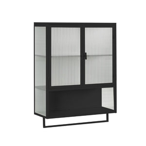 English Elm 23.62Glass Door Wall Cabinet Fluted Tempered Panels Iron Frame Open Shelf Towel Rack W757P544603