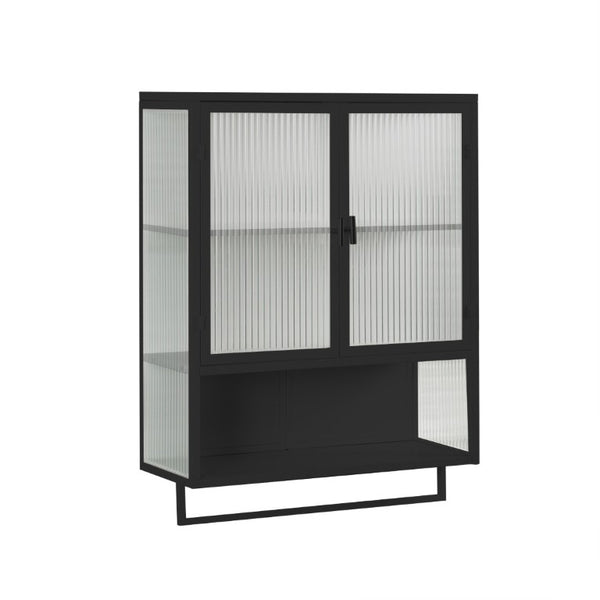 English Elm 23.62Glass Door Wall Cabinet Fluted Tempered Panels Iron Frame Open Shelf Towel Rack W757P544603