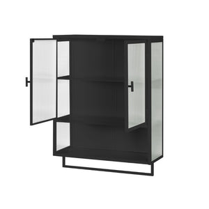 English Elm 23.62Glass Door Wall Cabinet Fluted Tempered Panels Iron Frame Open Shelf Towel Rack W757P544603