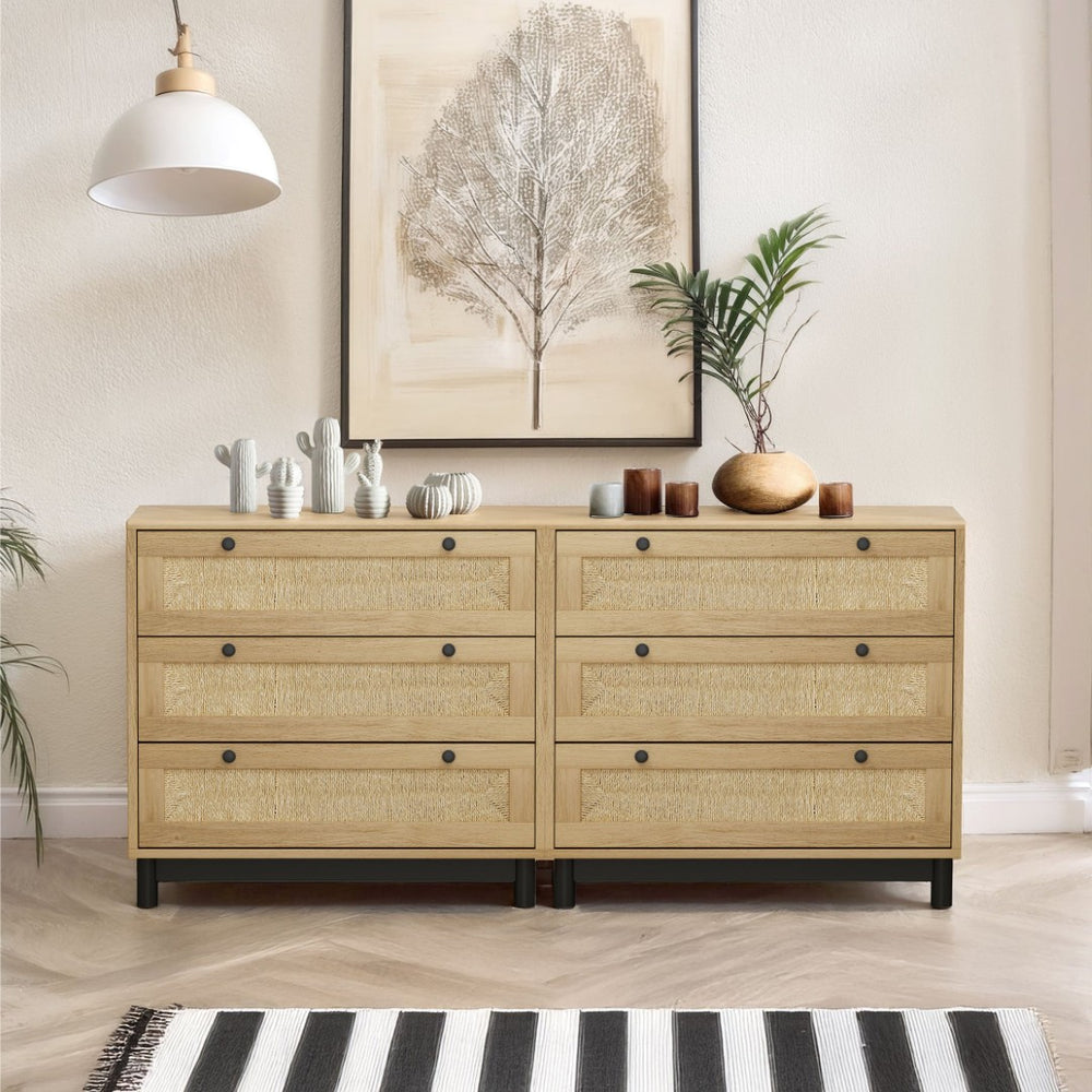 English Elm 3-drawers Rope Woven Cabinet Set of 2 Oak Finish Organizers for Bedroom or Entryway W757S00032