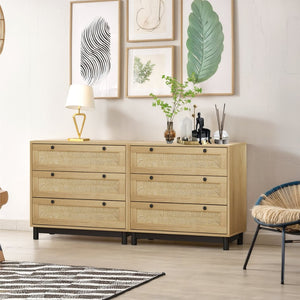 English Elm 3-drawers Rope Woven Cabinet Set of 2 Oak Finish Organizers for Bedroom or Entryway W757S00032