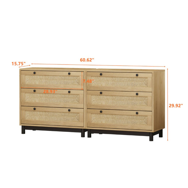 English Elm 3-drawers Rope Woven Cabinet Set of 2 Oak Finish Organizers for Bedroom or Entryway W757S00032