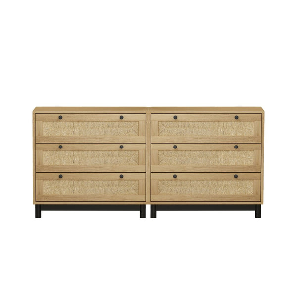 English Elm 3-drawers Rope Woven Cabinet Set of 2 Oak Finish Organizers for Bedroom or Entryway W757S00032
