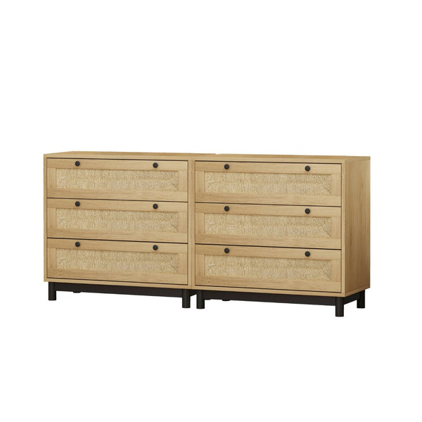 English Elm 3-drawers Rope Woven Cabinet Set of 2 Oak Finish Organizers for Bedroom or Entryway W757S00032