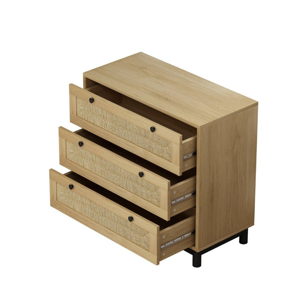 English Elm 3-drawers Rope Woven Cabinet Set of 2 Oak Finish Organizers for Bedroom or Entryway W757S00032