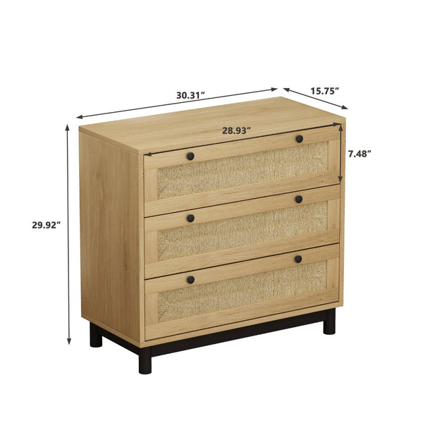 English Elm 3-drawers Rope Woven Cabinet Set of 2 Oak Finish Organizers for Bedroom or Entryway W757S00032