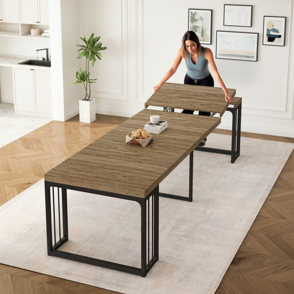 English Elm 23.62- 23.62-118 Extendable Dining Table Seats 2 to 10 with Warm Ancient Wood Finish W757S00046