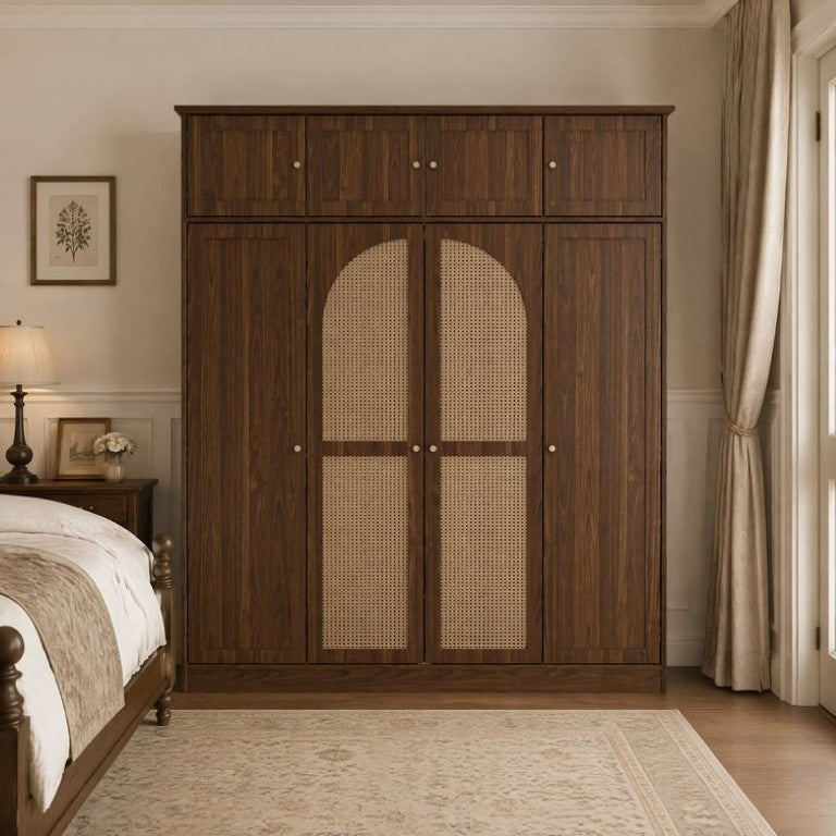 English Elm 70.87Tall Rattan Door Wardrobe Armoire with Hanging Rod and Adjustable Shelves Walnut W757S00059