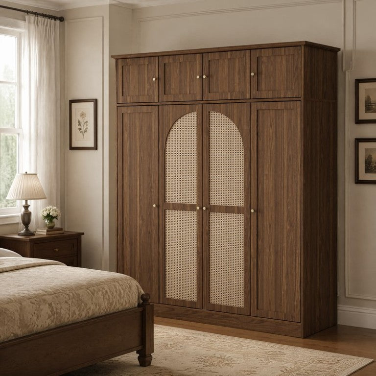 English Elm 70.87Tall Rattan Door Wardrobe Armoire with Hanging Rod and Adjustable Shelves Walnut W757S00059