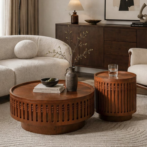 English Elm 2-piece Round Nesting Coffee Tables Walnut Finish Bohemian Lattice Top Hidden Storage W757S00060