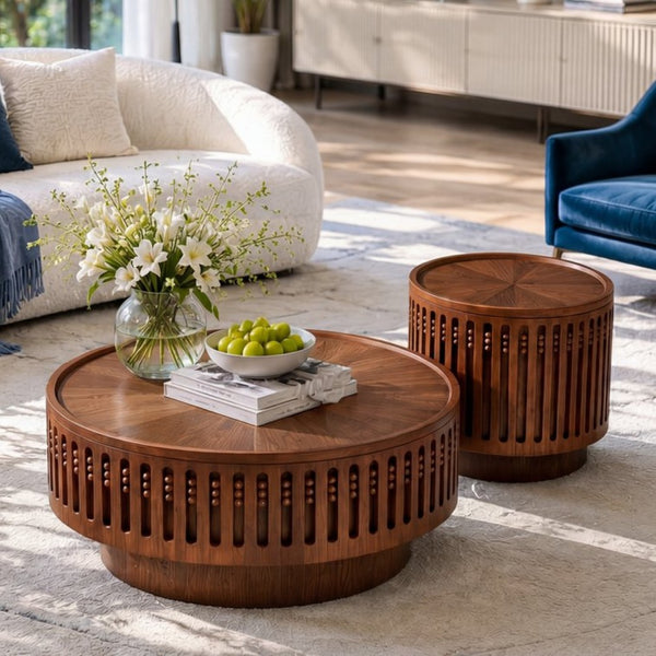 English Elm 2-piece Round Nesting Coffee Tables Walnut Finish Bohemian Lattice Top Hidden Storage W757S00060