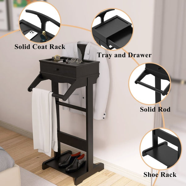 English Elm Clothing Valet Stand Solid Wood Organizer with Shoe Rack and Tray for Bedroom W760P356227