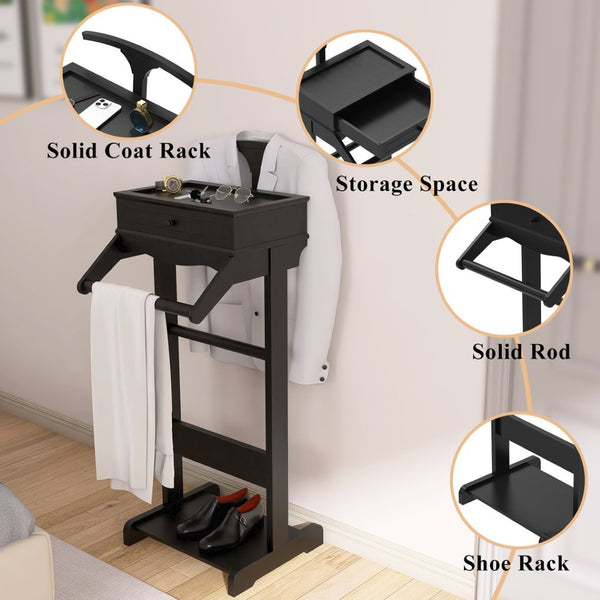 English Elm Clothing Valet Stand Solid Wood Organizer with Shoe Rack and Tray for Bedroom W760P356227