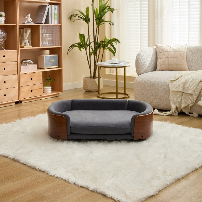 English Elm Scandinavian Elevated Pet Sofa with Velvet Cushion Solid Wood Legs Walnut Bent Frame W794125953