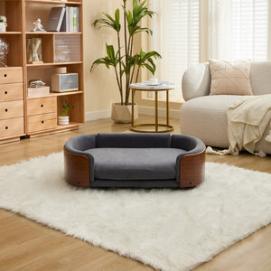English Elm Scandinavian Elevated Pet Sofa with Velvet Cushion Solid Wood Legs Walnut Bent Frame W794125953