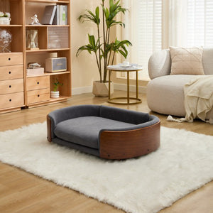 English Elm Scandinavian Elevated Pet Sofa with Velvet Cushion Solid Wood Legs Walnut Bent Frame W794125953