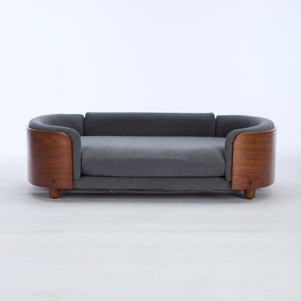 English Elm Scandinavian Elevated Pet Sofa with Velvet Cushion Solid Wood Legs Walnut Bent Frame W794125953