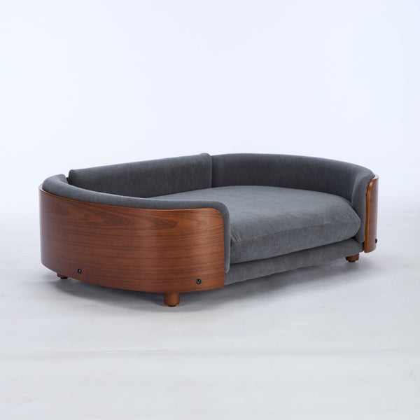 English Elm Scandinavian Elevated Pet Sofa with Velvet Cushion Solid Wood Legs Walnut Bent Frame W794125953