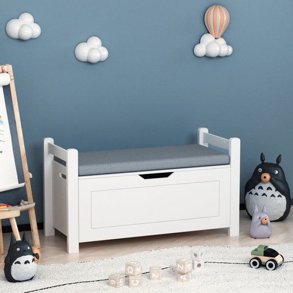 English Elm Kids White Toy Chest with Cushioned Bench Seat Safety Hinge and Built-in Bookshelf W808P166755