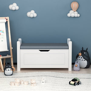 English Elm Kids White Toy Chest with Cushioned Bench Seat Safety Hinge and Built-in Bookshelf W808P166755