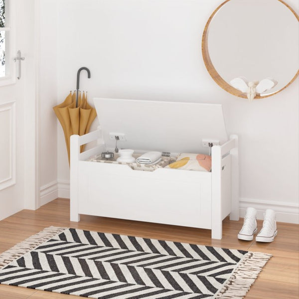 English Elm Kids White Toy Chest with Cushioned Bench Seat Safety Hinge and Built-in Bookshelf W808P166755