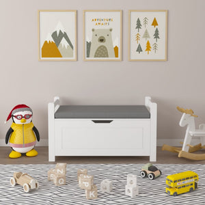 English Elm Kids White Toy Chest with Cushioned Bench Seat Safety Hinge and Built-in Bookshelf W808P166755