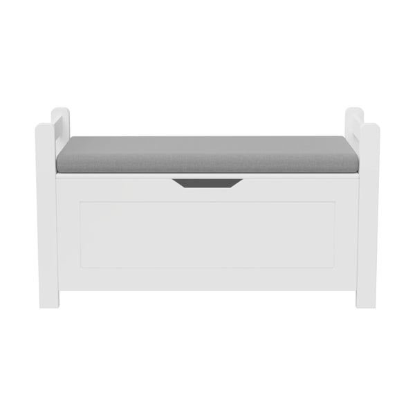 English Elm Kids White Toy Chest with Cushioned Bench Seat Safety Hinge and Built-in Bookshelf W808P166755