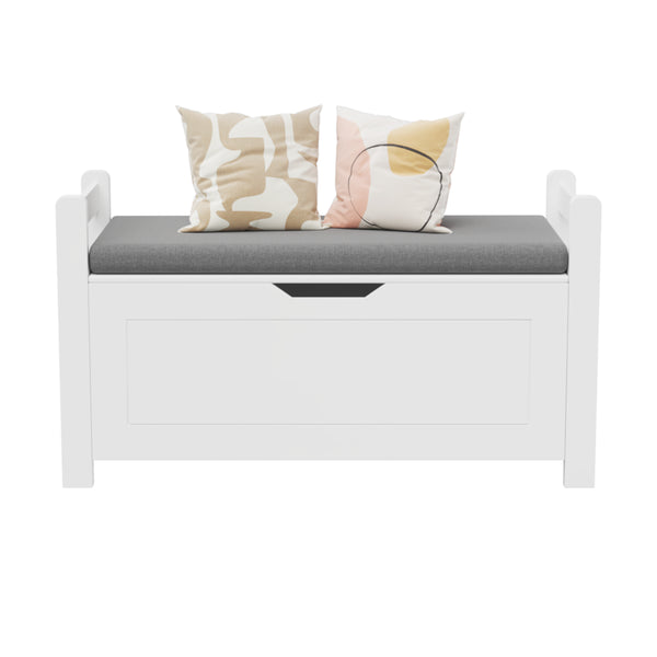 English Elm Kids White Toy Chest with Cushioned Bench Seat Safety Hinge and Built-in Bookshelf W808P166755