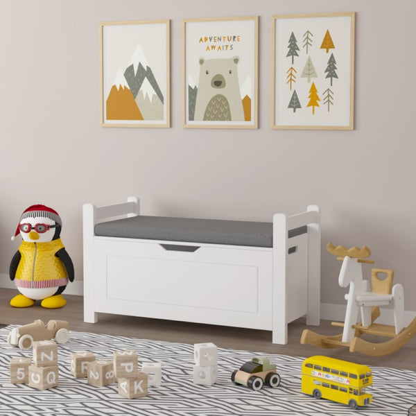 English Elm Kids White Toy Chest with Cushioned Bench Seat Safety Hinge and Built-in Bookshelf W808P166755