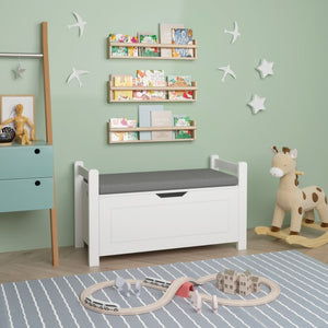 English Elm Kids White Toy Chest with Cushioned Bench Seat Safety Hinge and Built-in Bookshelf W808P166755