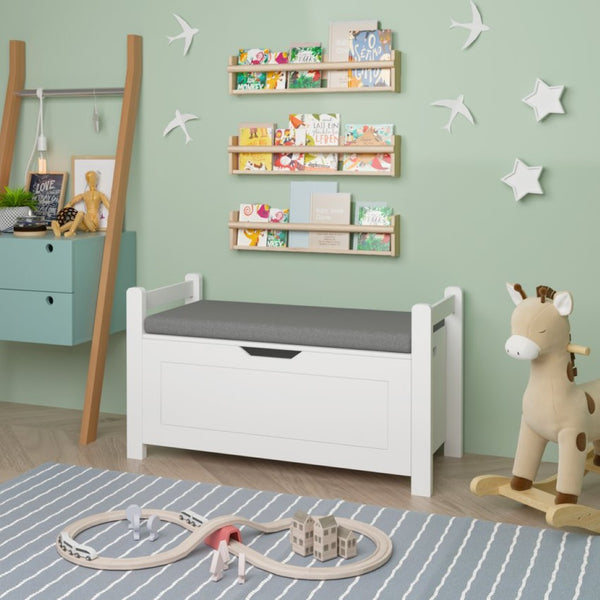 English Elm Kids White Toy Chest with Cushioned Bench Seat Safety Hinge and Built-in Bookshelf W808P166755