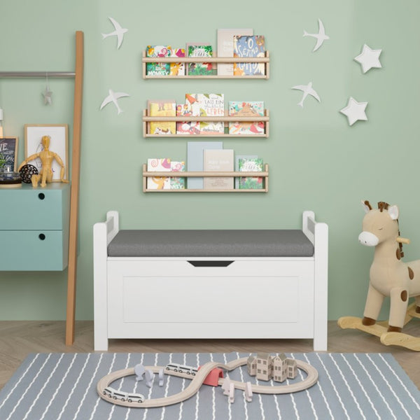English Elm Kids White Toy Chest with Cushioned Bench Seat Safety Hinge and Built-in Bookshelf W808P166755