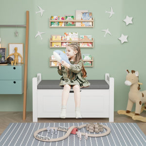 English Elm Kids White Toy Chest with Cushioned Bench Seat Safety Hinge and Built-in Bookshelf W808P166755