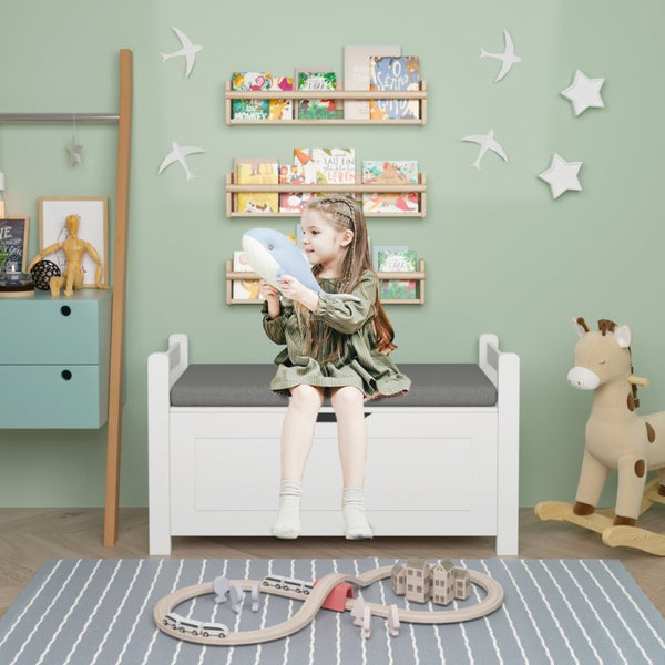 English Elm Kids White Toy Chest with Cushioned Bench Seat Safety Hinge and Built-in Bookshelf W808P166755