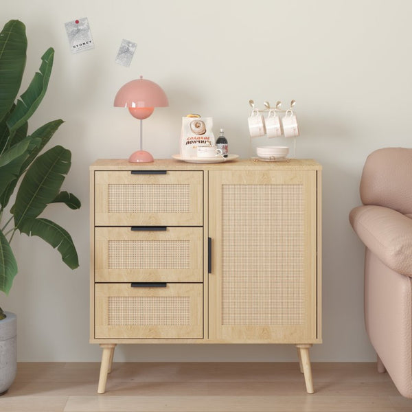 English Elm Modern Rattan Front Dresser with Solid Wood Legs and Adjustable Shelf for Any Room W808P212693