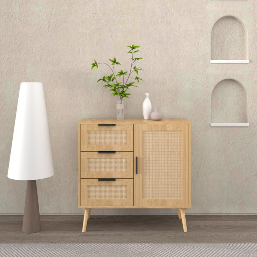 English Elm Modern Rattan Front Dresser with Solid Wood Legs and Adjustable Shelf for Any Room W808P212693