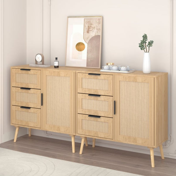 English Elm Modern Rattan Front Dresser with Solid Wood Legs and Adjustable Shelf for Any Room W808P212693