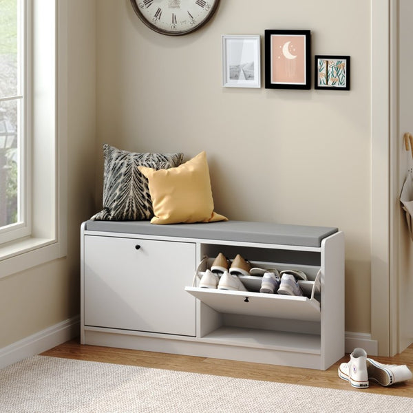 English Elm Shoe Storage Cabinet Bench with Cushioned Seat and Enclosed Shelves for Entryway Hallway W808P212702