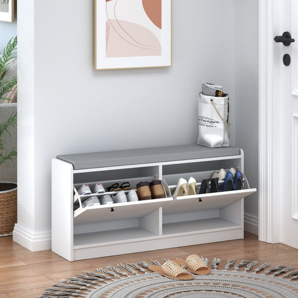 English Elm Shoe Storage Cabinet Bench with Cushioned Seat and Enclosed Shelves for Entryway Hallway W808P212702