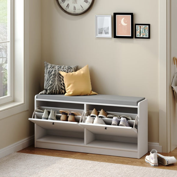 English Elm Shoe Storage Cabinet Bench with Cushioned Seat and Enclosed Shelves for Entryway Hallway W808P212702