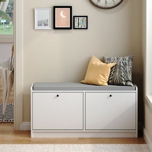 English Elm Shoe Storage Cabinet Bench with Cushioned Seat and Enclosed Shelves for Entryway Hallway W808P212702