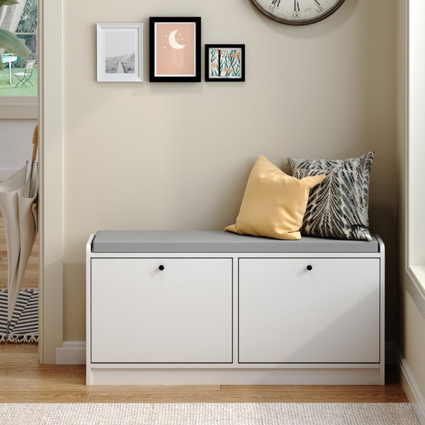 English Elm Shoe Storage Cabinet Bench with Cushioned Seat and Enclosed Shelves for Entryway Hallway W808P212702