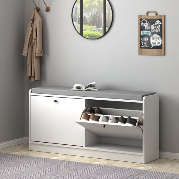 English Elm Shoe Storage Cabinet Bench with Cushioned Seat and Enclosed Shelves for Entryway Hallway W808P212702