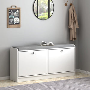 English Elm Shoe Storage Cabinet Bench with Cushioned Seat and Enclosed Shelves for Entryway Hallway W808P212702