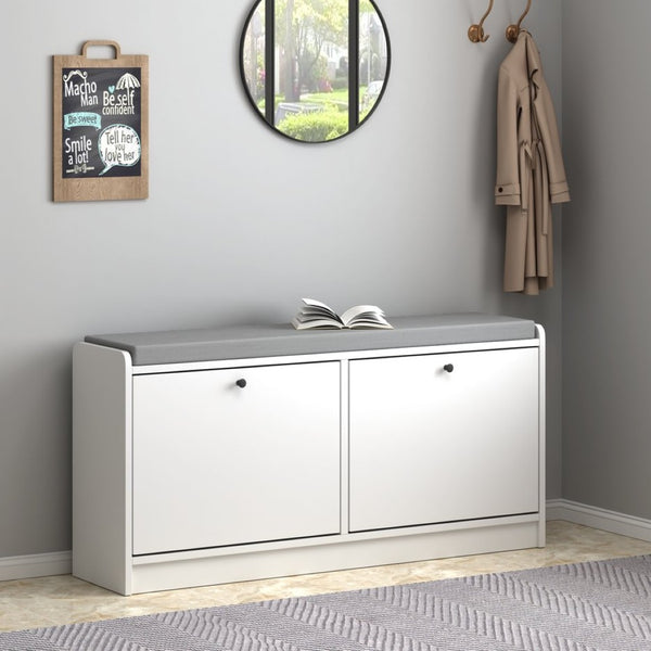 English Elm Shoe Storage Cabinet Bench with Cushioned Seat and Enclosed Shelves for Entryway Hallway W808P212702