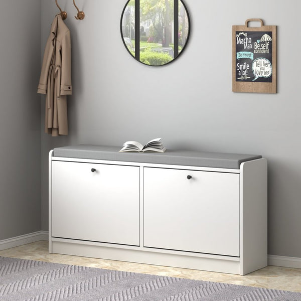 English Elm Shoe Storage Cabinet Bench with Cushioned Seat and Enclosed Shelves for Entryway Hallway W808P212702