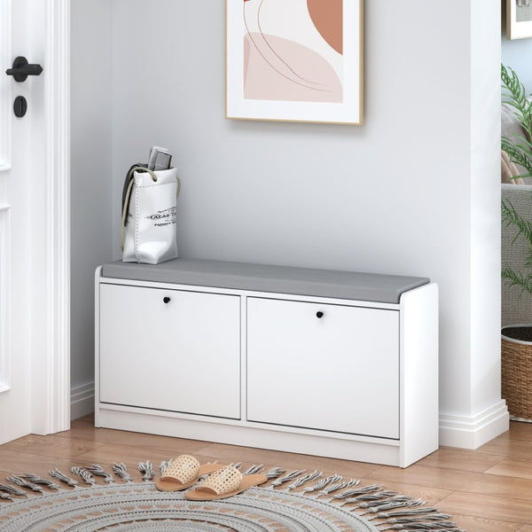 English Elm Shoe Storage Cabinet Bench with Cushioned Seat and Enclosed Shelves for Entryway Hallway W808P212702