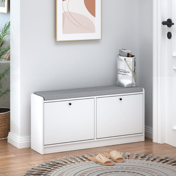 English Elm Shoe Storage Cabinet Bench with Cushioned Seat and Enclosed Shelves for Entryway Hallway W808P212702