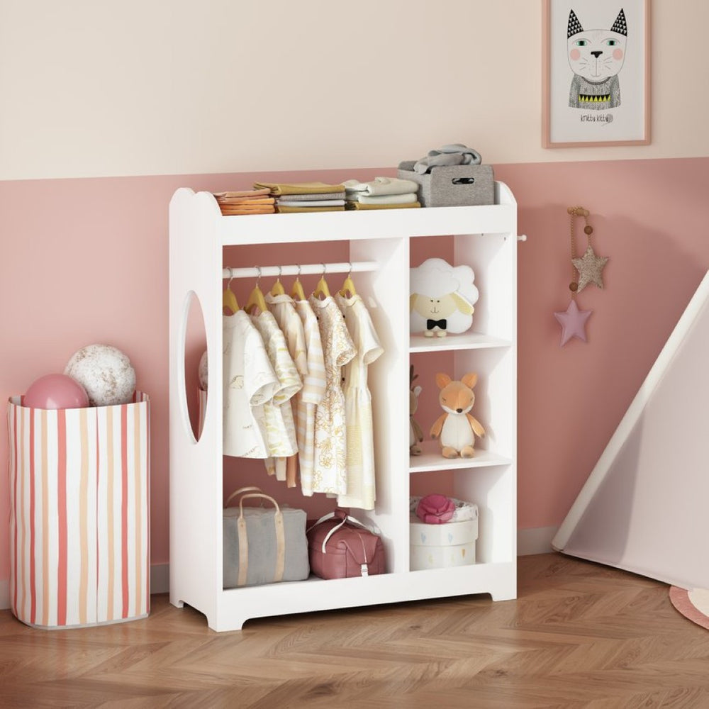 English Elm Kids Wooden Dress up Station with Mirror Hooks Shelves and Hanging Rod for Playroom W808P346009
